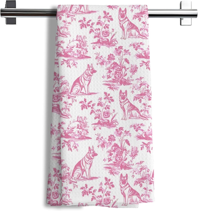 Nipil Pink Chinoiserie German Shepherd Kitchen Towels, Pink Floral Botanical Grandmillennial Dog Decor Dish Tea Towels, German Shepherd Gifts Hand Towels for Kitchen Bathroom, 16x24 Inch - Image 1